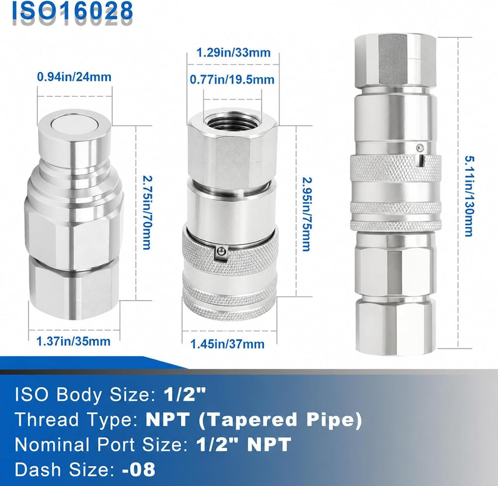1/2" NPT Flat Face Hydraulic Couplers with 2 Extra Dust Caps(ISO16028)