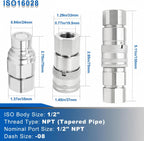 1/2" NPT Flat Face Hydraulic Couplers with 2 Extra Dust Caps(ISO16028)