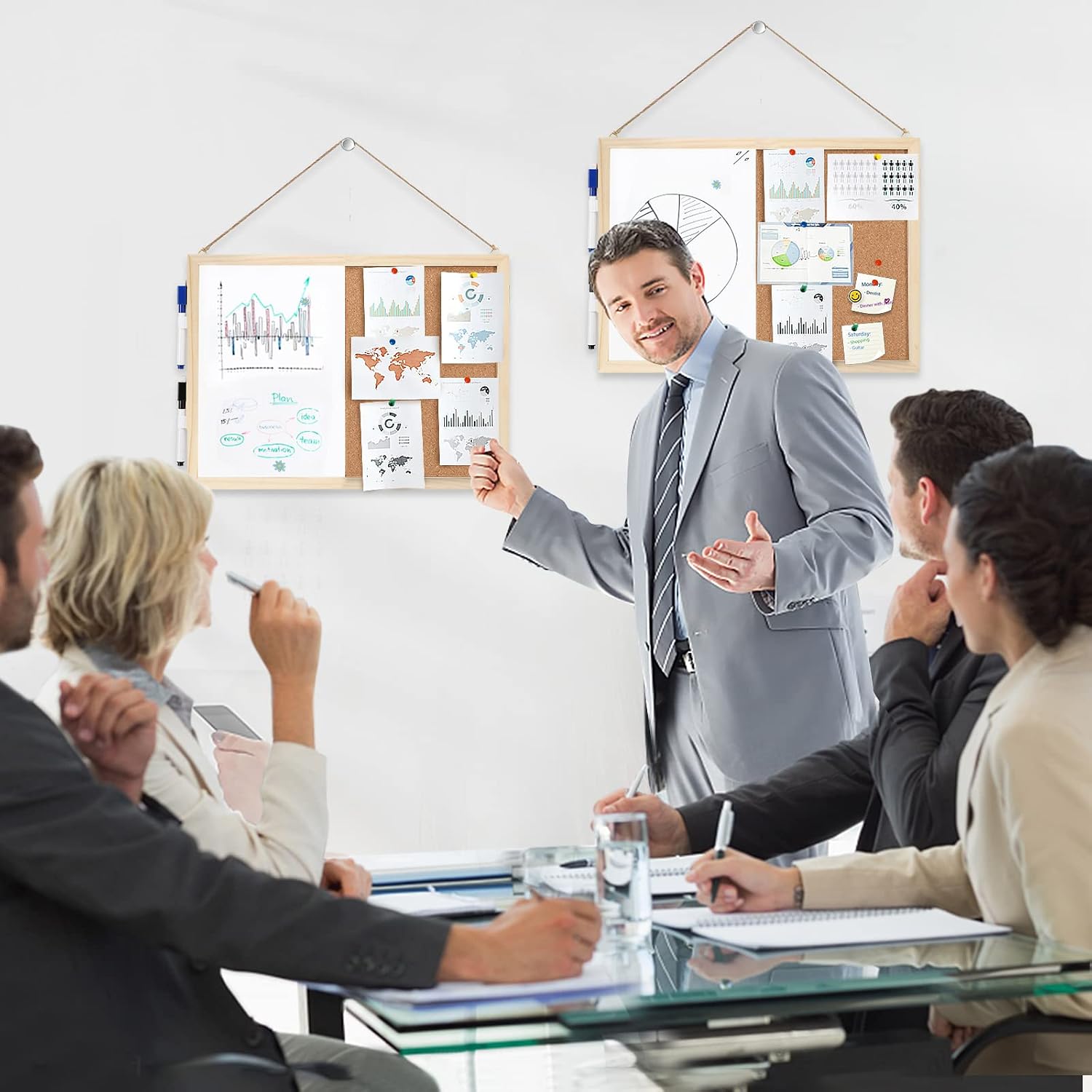2-Pack Cork Board White Board Combo - 15.7 x 12 inches Whiteboard Bulletin Combination Board Hanging Office White