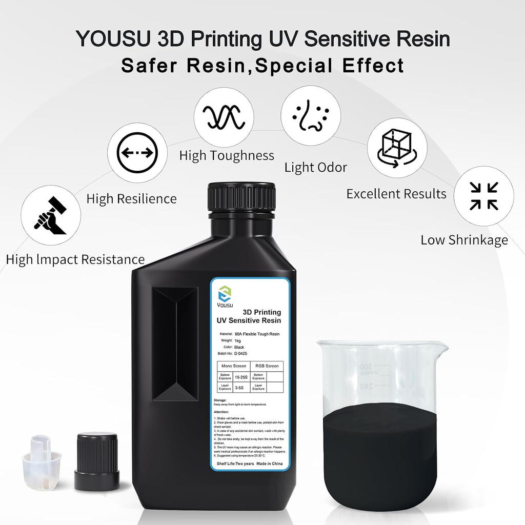 Flexible Tough (Shore 80A) 3D Printer Resin, Soft Rubber/TPU Like 3D Printing Resin1, High Elongation 405nm Fast