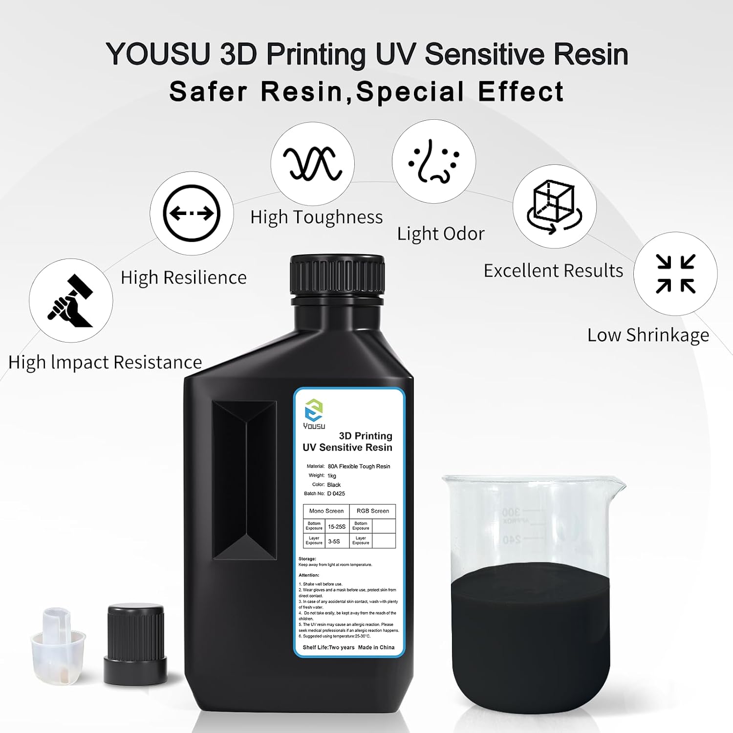 Flexible Tough (Shore 80A) 3D Printer Resin, Soft Rubber/TPU Like 3D Printing Resin1, High Elongation 405nm Fast