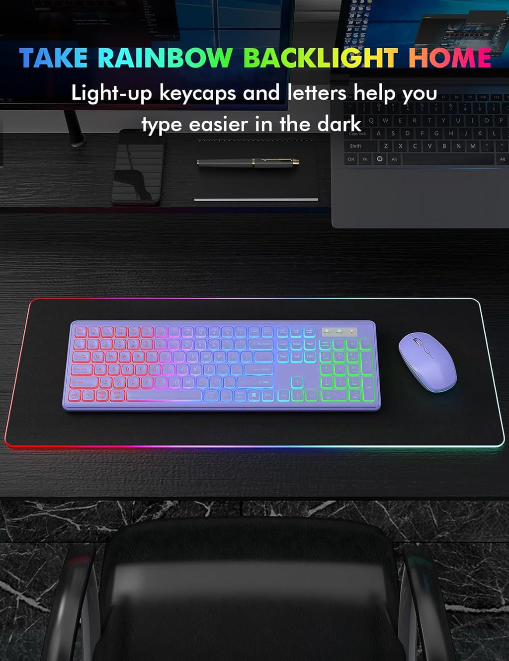 Wireless Keyboard and Mouse Combo with RGB Backlit, Rechargeable | Light Up Letters, Full-Size, Soft Typing, Sleep