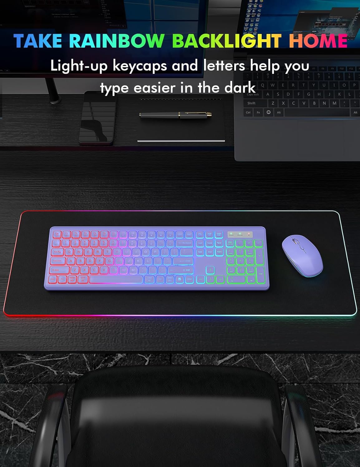 Wireless Keyboard and Mouse Combo with RGB Backlit, Rechargeable | Light Up Letters, Full-Size, Soft Typing, Sleep