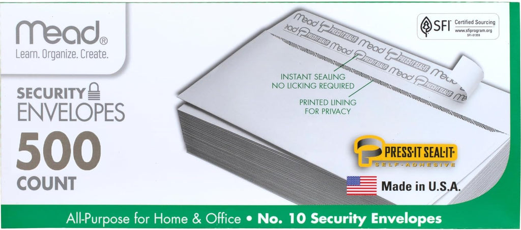 #10 Security Business Envelopes Letter Size 4-1/8" x 9-1/2" – Peel and Seal, Privacy Lined, No-Window, Press-It