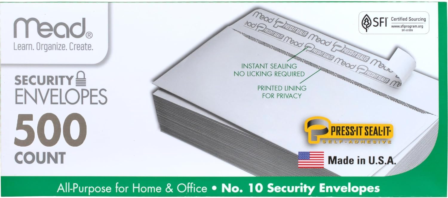 #10 Security Business Envelopes Letter Size 4-1/8" x 9-1/2" – Peel and Seal, Privacy Lined, No-Window, Press-It