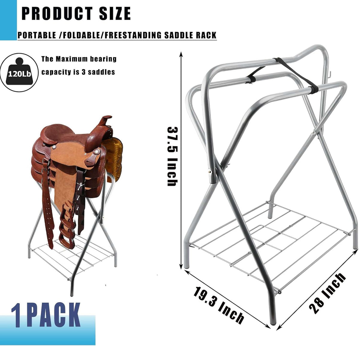 Saddle Rack Portable Folding Horse Saddle Stand for English and Western Saddles,28" L x 19" W x 37.5" H,Silver