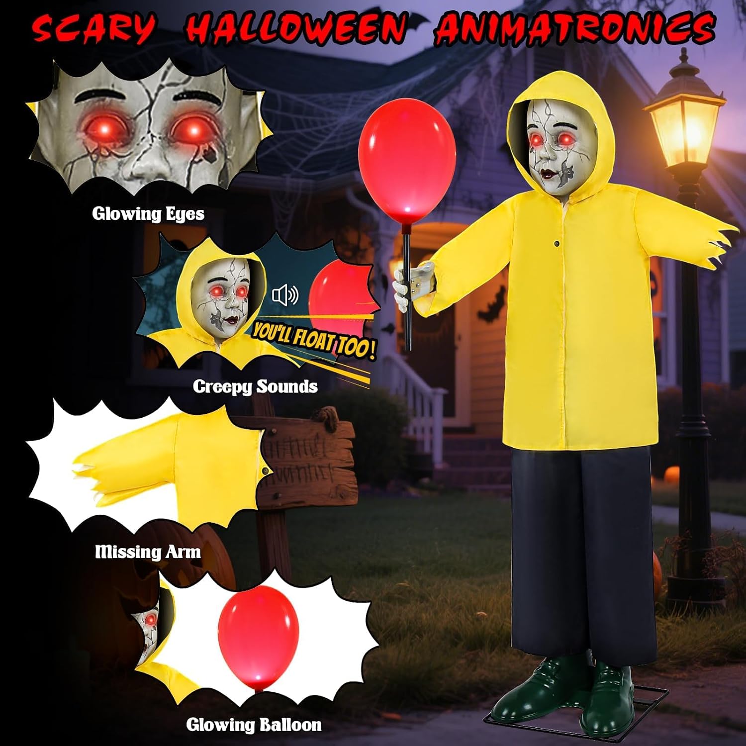 Halloween Animatronics Decorations 4FT Life Size Animated Props | with Creepy Sound Activated Sensor Glowing Balloon