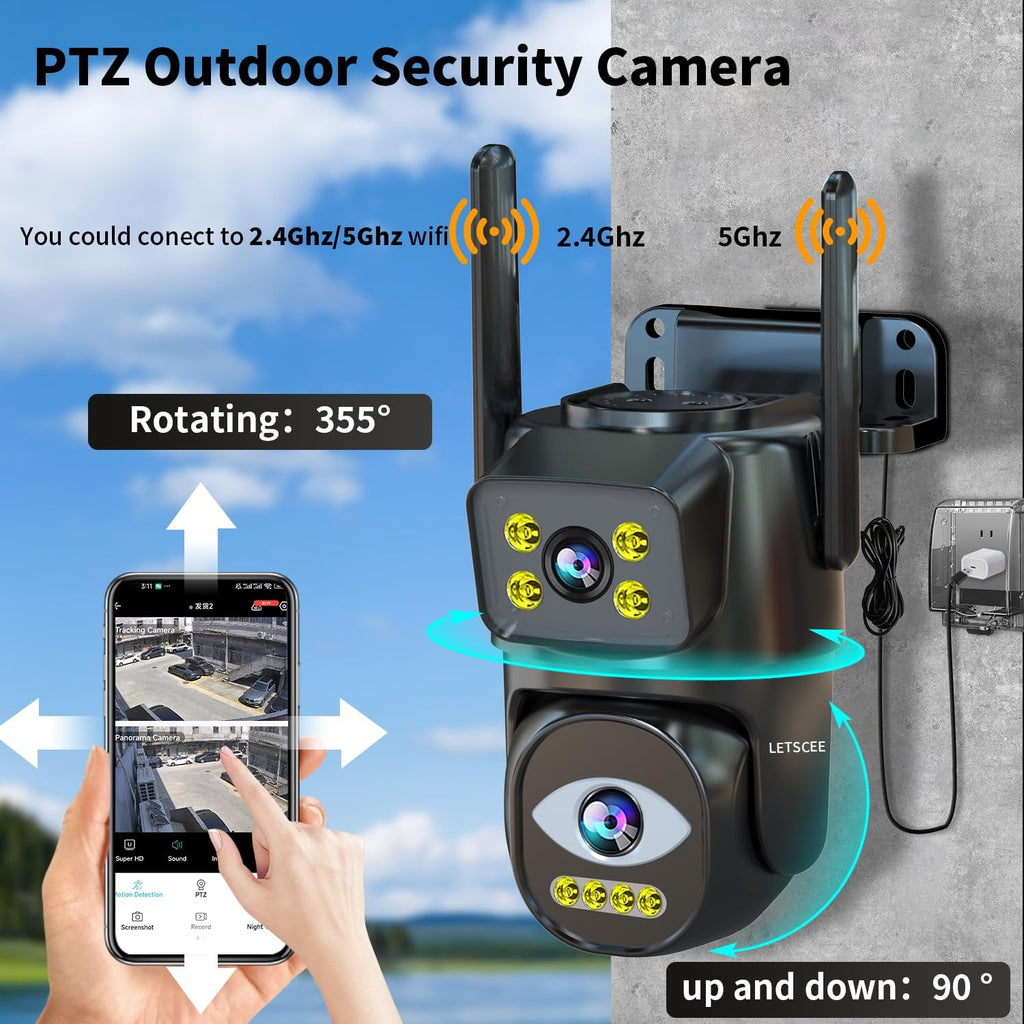 Dual Lens WiFi Security Camera Outdoor, 2.4G/5G PTZ Outdoor Plug-in Camera Auto Tracking,Home Security Surveillance