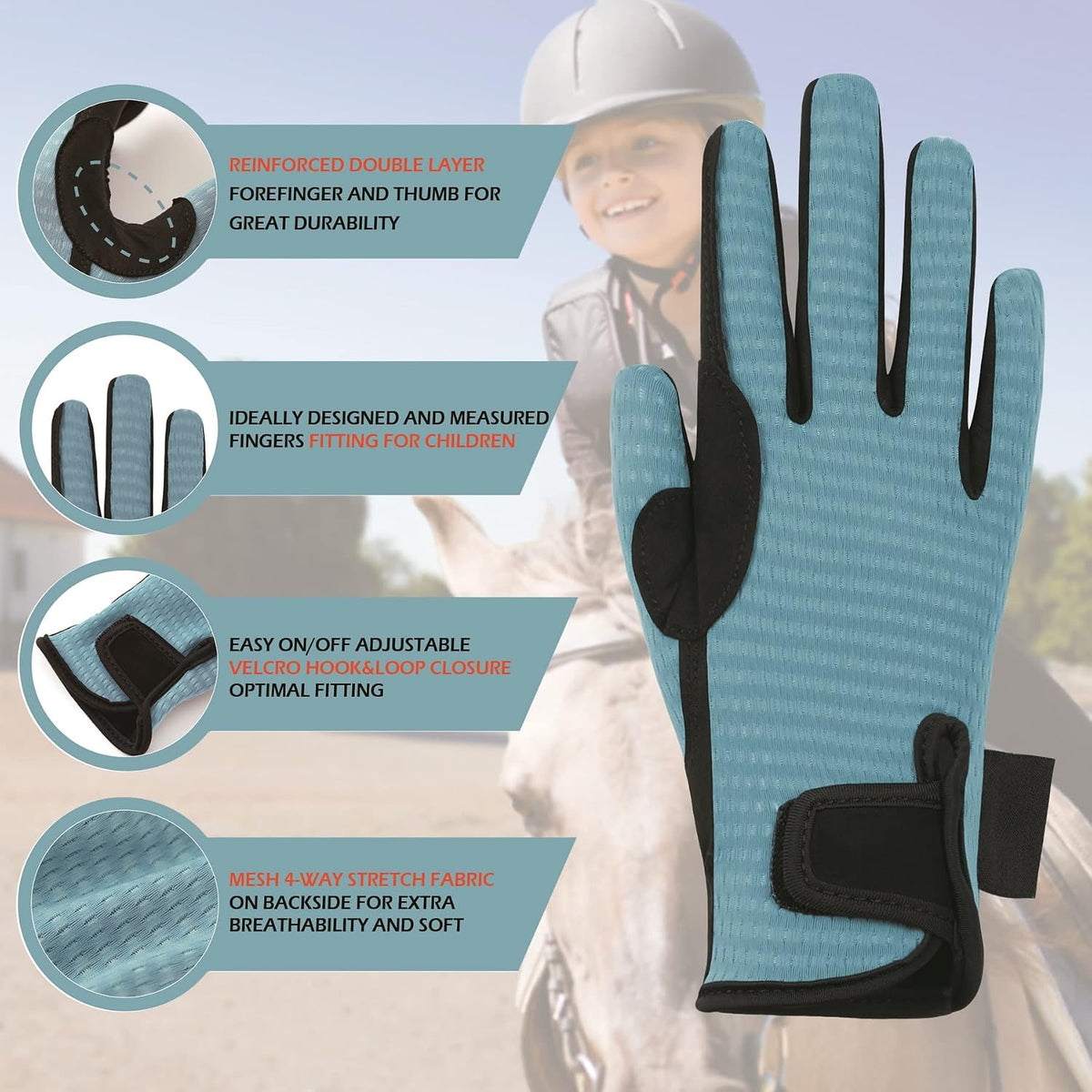 Kids Horse Riding Gloves Children Mesh Equestrian Horseback Gloves