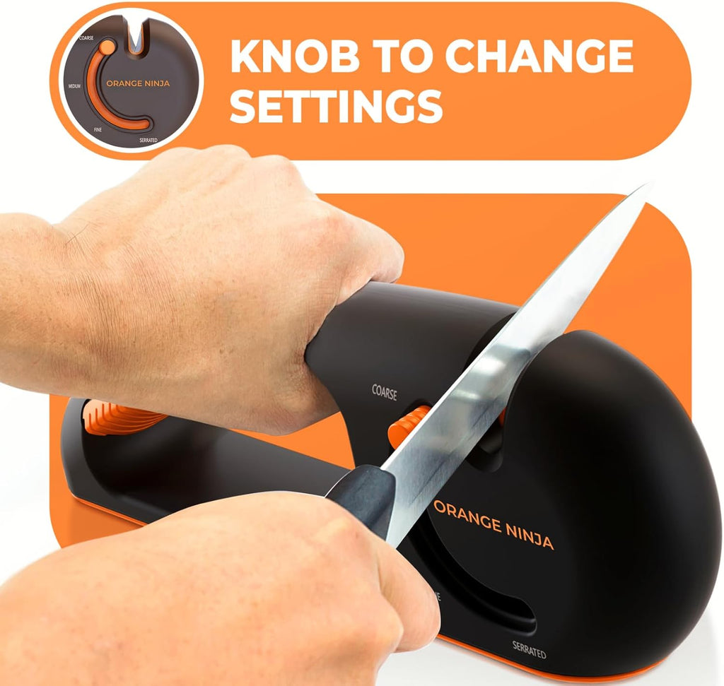 Orange Ninja 4-Stage Knife Sharpener & Serrated Knife Sharpener– Repairs, Sharpens & Polishes Blades with Ergonomic