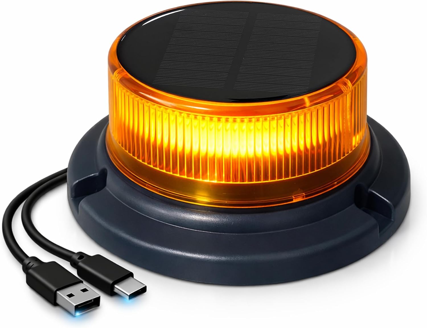 Amber Solar LED Strobe Warning Beacon Light, USB Rechargeable, | Magnetic & Suction Cup Mount, Flashing and Rotating