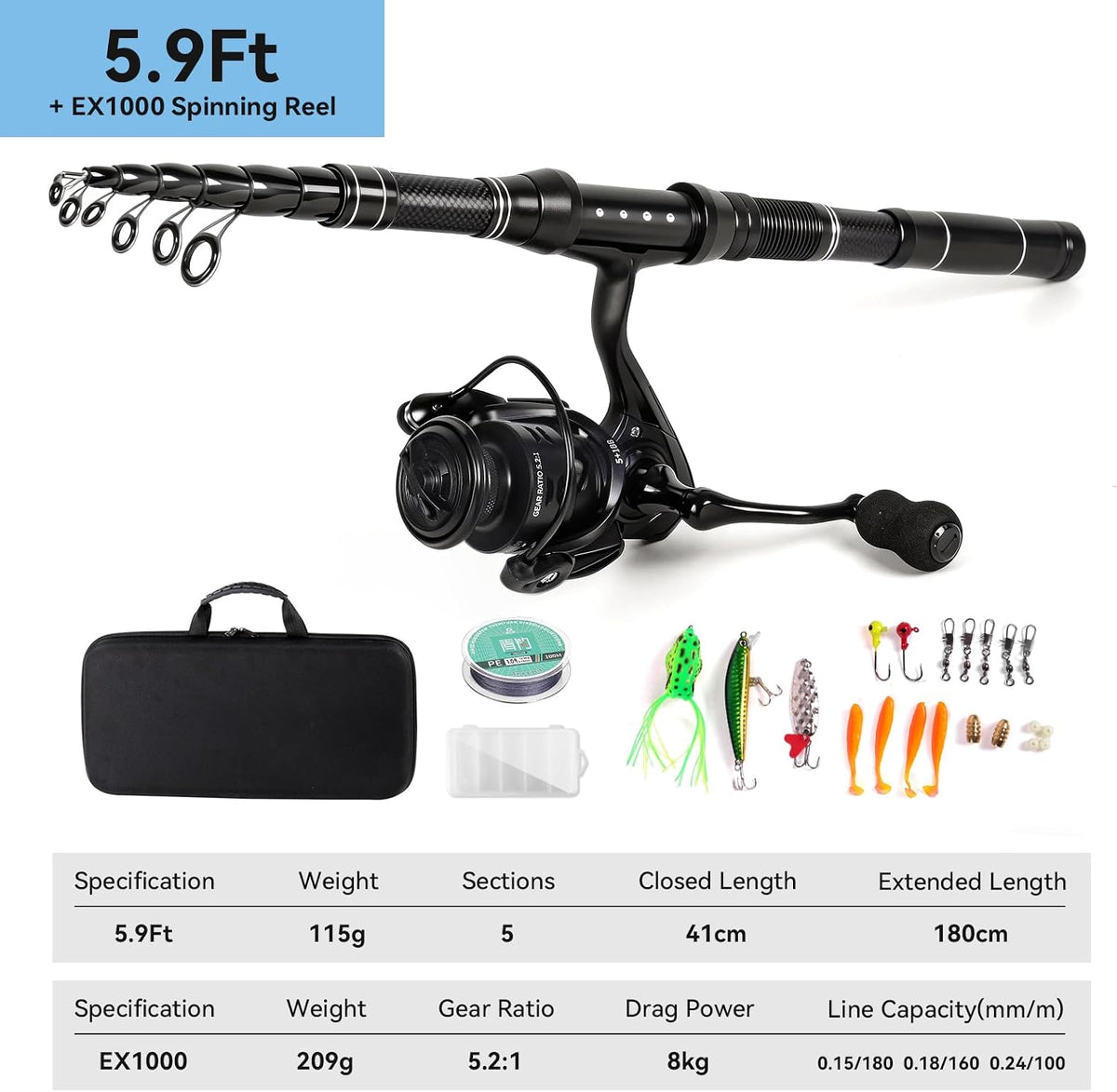 Telescopic Fishing Rod and Reel Combo, Carbon Fiber Collapsible Travel Fishing Pole Kit with Carrier Case & Lures