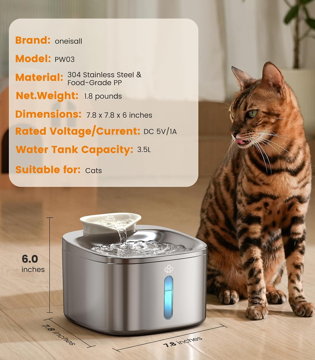 Cat Water Fountain, 3.5L/118oz Battery Operated Pet Fountain Stainless Steel, Automatic Water Fountains for Cats