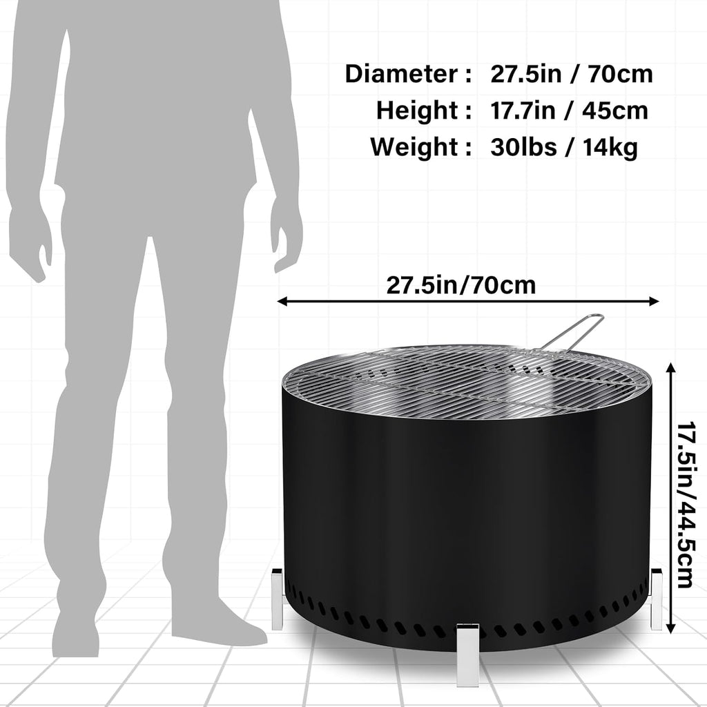 28" Smokeless Firepit with Stand & Grill Rack, Large Stainless Steel Wood Burning Fire Pit for Gatherings, Secondary