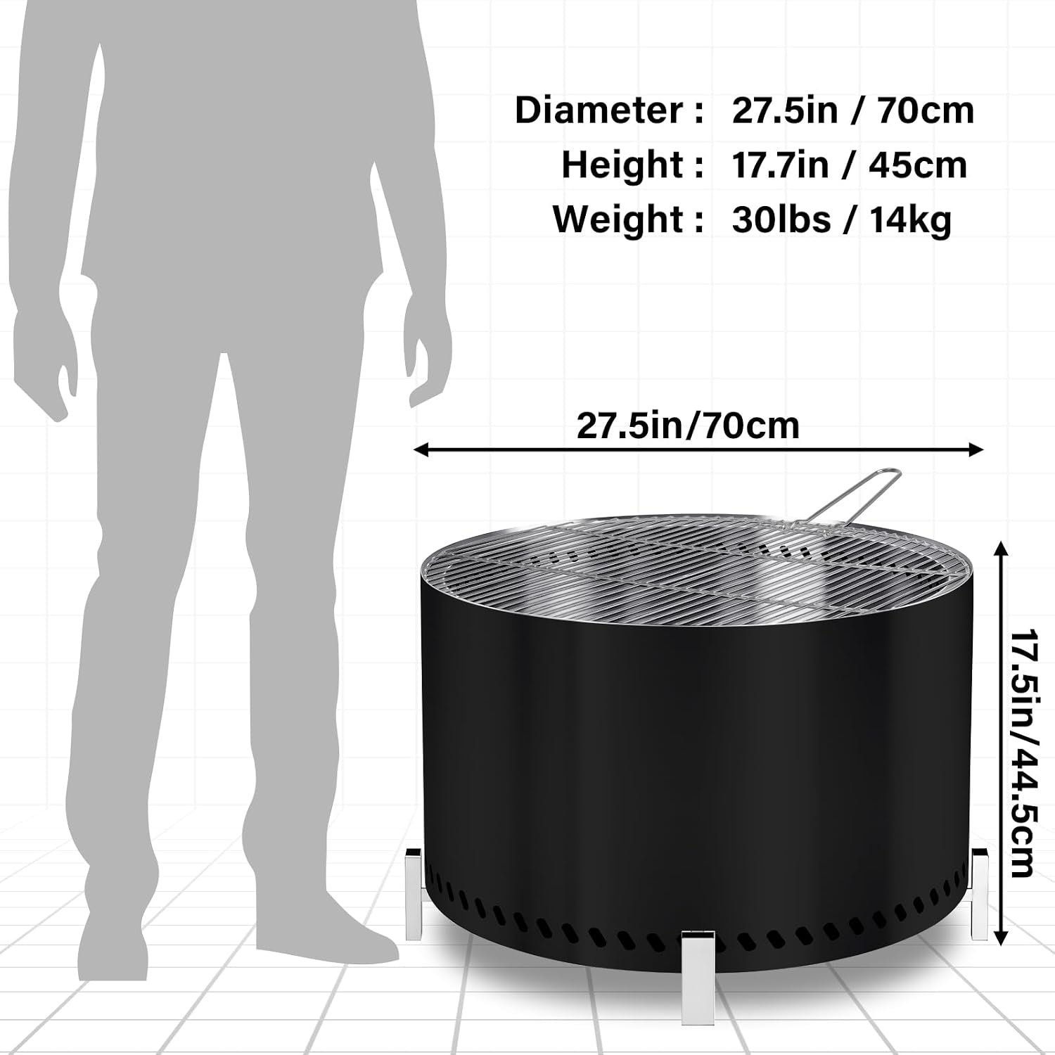 28" Smokeless Firepit with Stand & Grill Rack, Large Stainless Steel Wood Burning Fire Pit for Gatherings, Secondary
