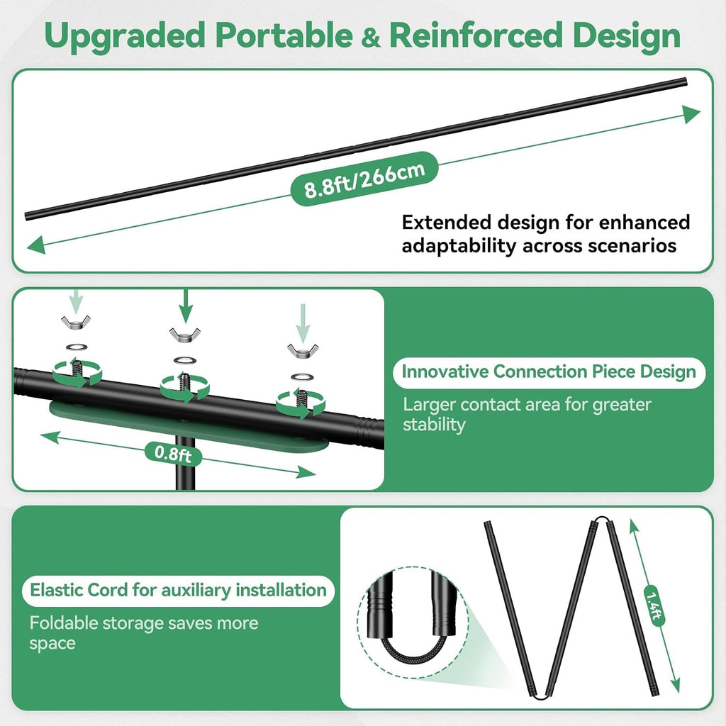 8.5x8.5ft Large Green Screen Backdrop Kit, 8.8x7.5FT T-Shape Stand | Reverse Folding Tripod Stand, Spliced Crossbar