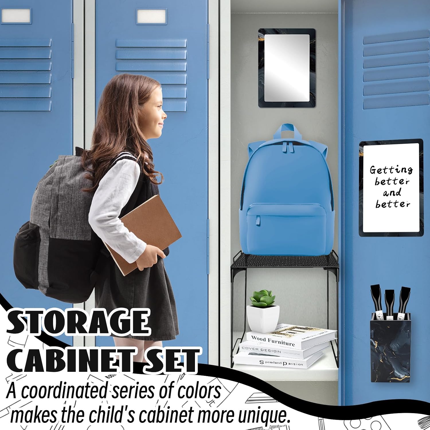 9 Pcs Locker Accessories Kit Black Locker Organizer Magnetic Whiteboard Mirror Pen Holder Pen for Storage Organizing