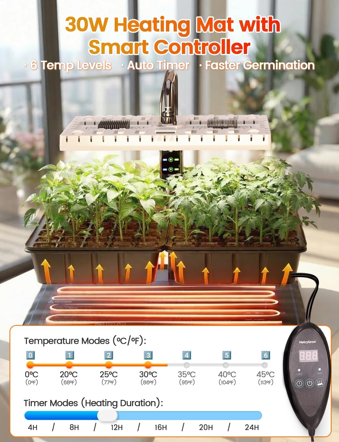 48W Full Spectrum LED Grow Light Seed Starter Kit, 80-Cell Tray with 30W Heating Mat & Adjustable Dome, Waterproof