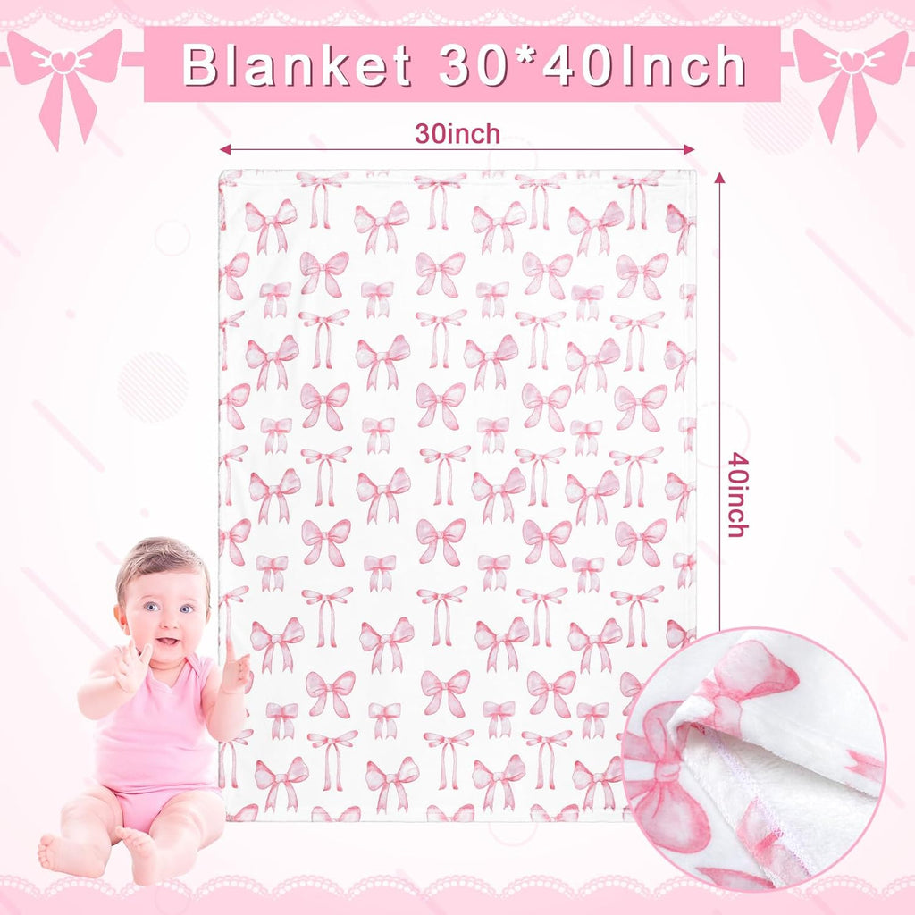 Baby Pink Bow Crib Bedding Set 3 Pcs Crib Set Baby Blanket, Fitted Sheet, Pillowcase Soft Flannel Nursery Bedding for