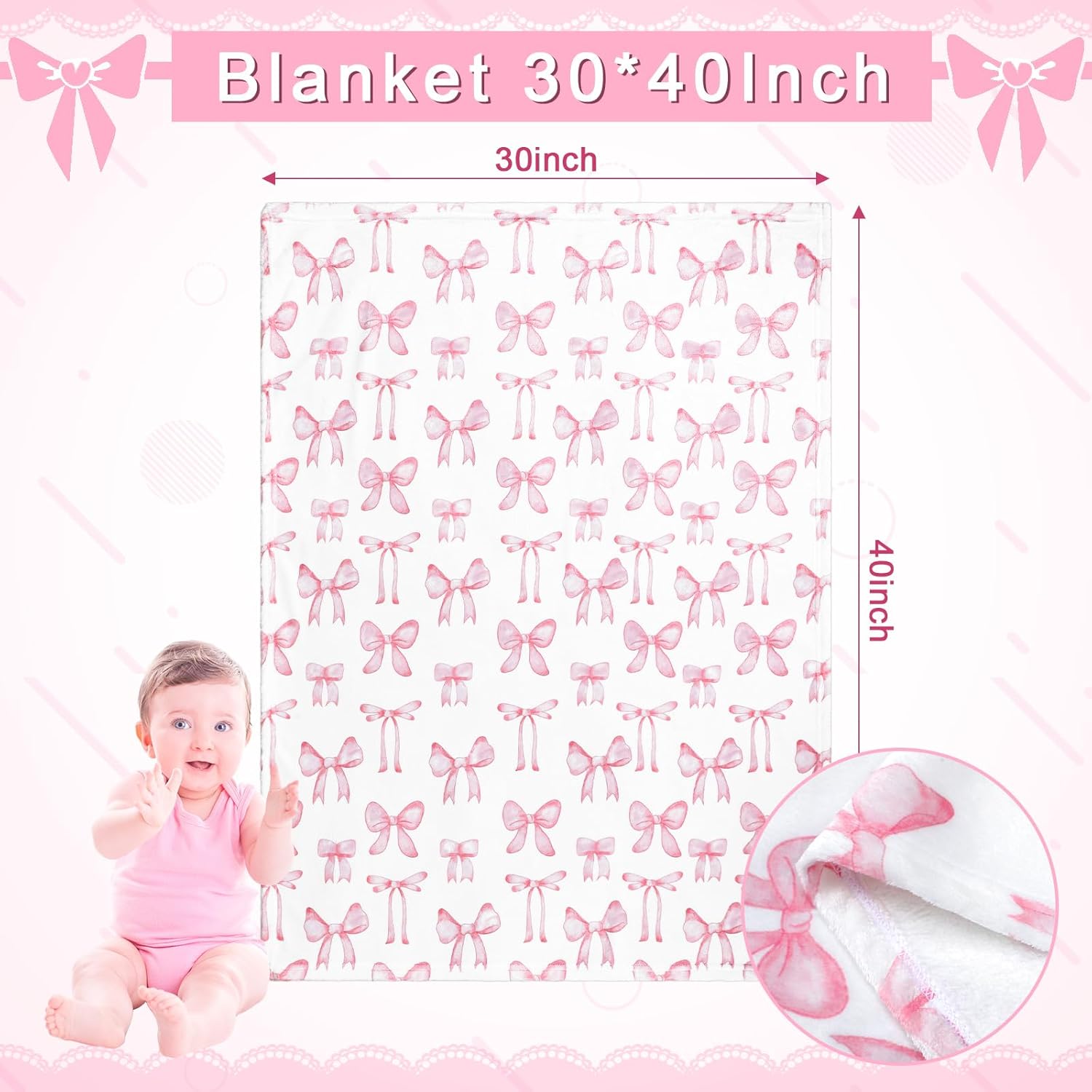 Baby Pink Bow Crib Bedding Set 3 Pcs Crib Set Baby Blanket, Fitted Sheet, Pillowcase Soft Flannel Nursery Bedding for
