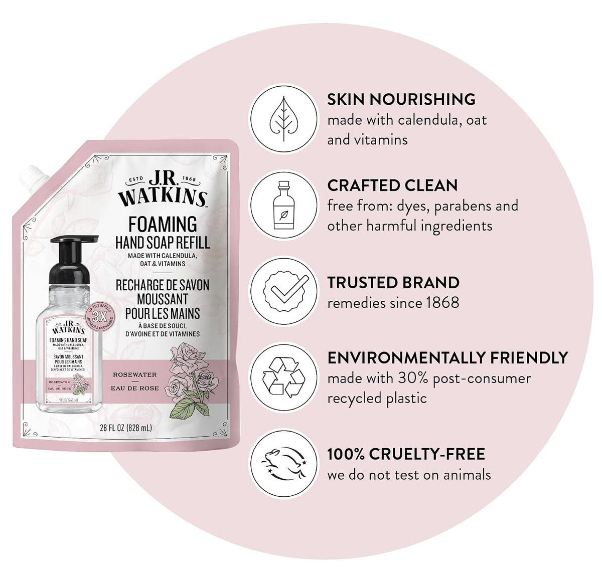 Moisturizing Foam Hand Soap Refill 2 Pack, Rosewater, 28 fl oz