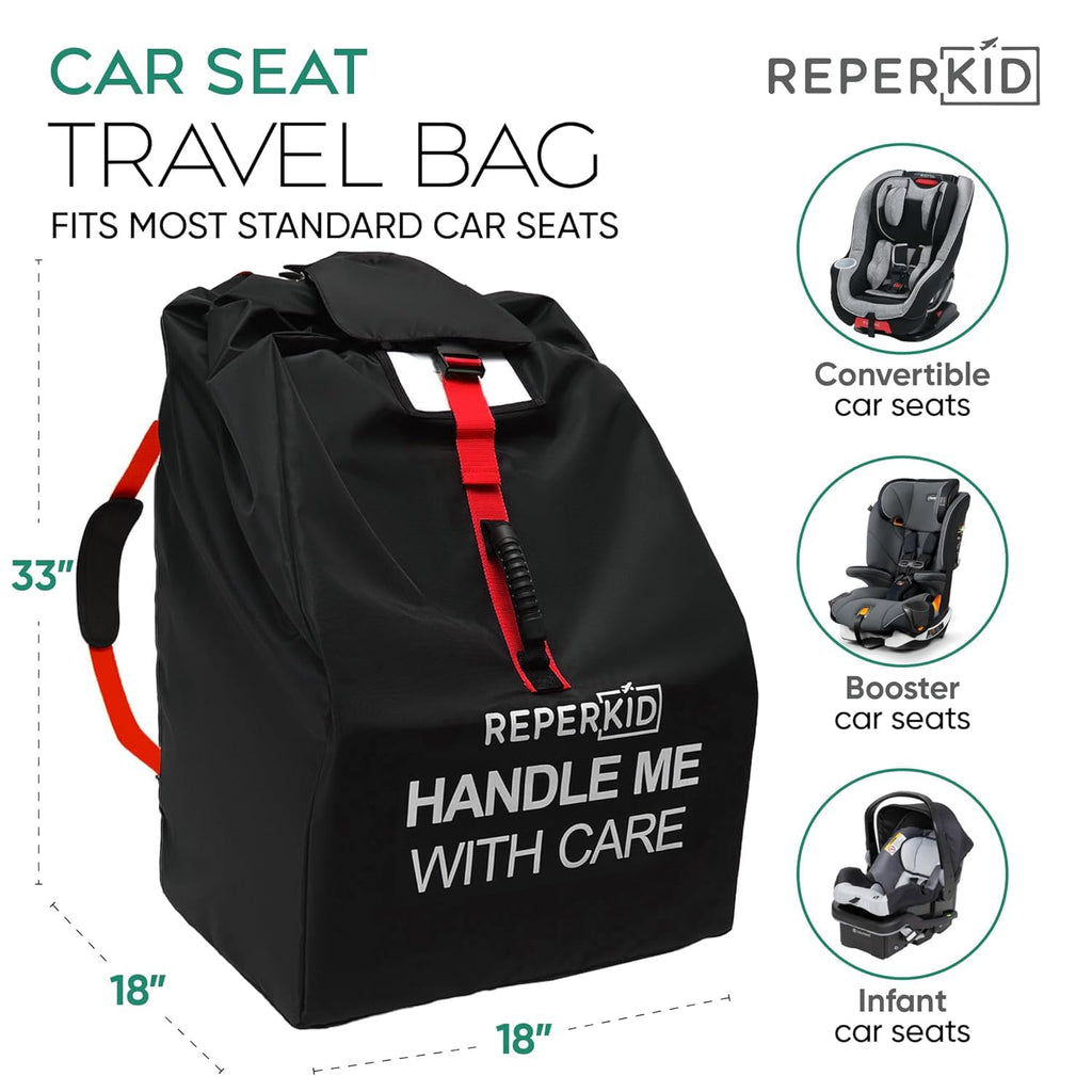 Car Seat Travel Bag for Airplane, Black and Green, 33" H x 18" W x 18" D, Fits Most Convertible, Booster and Infant