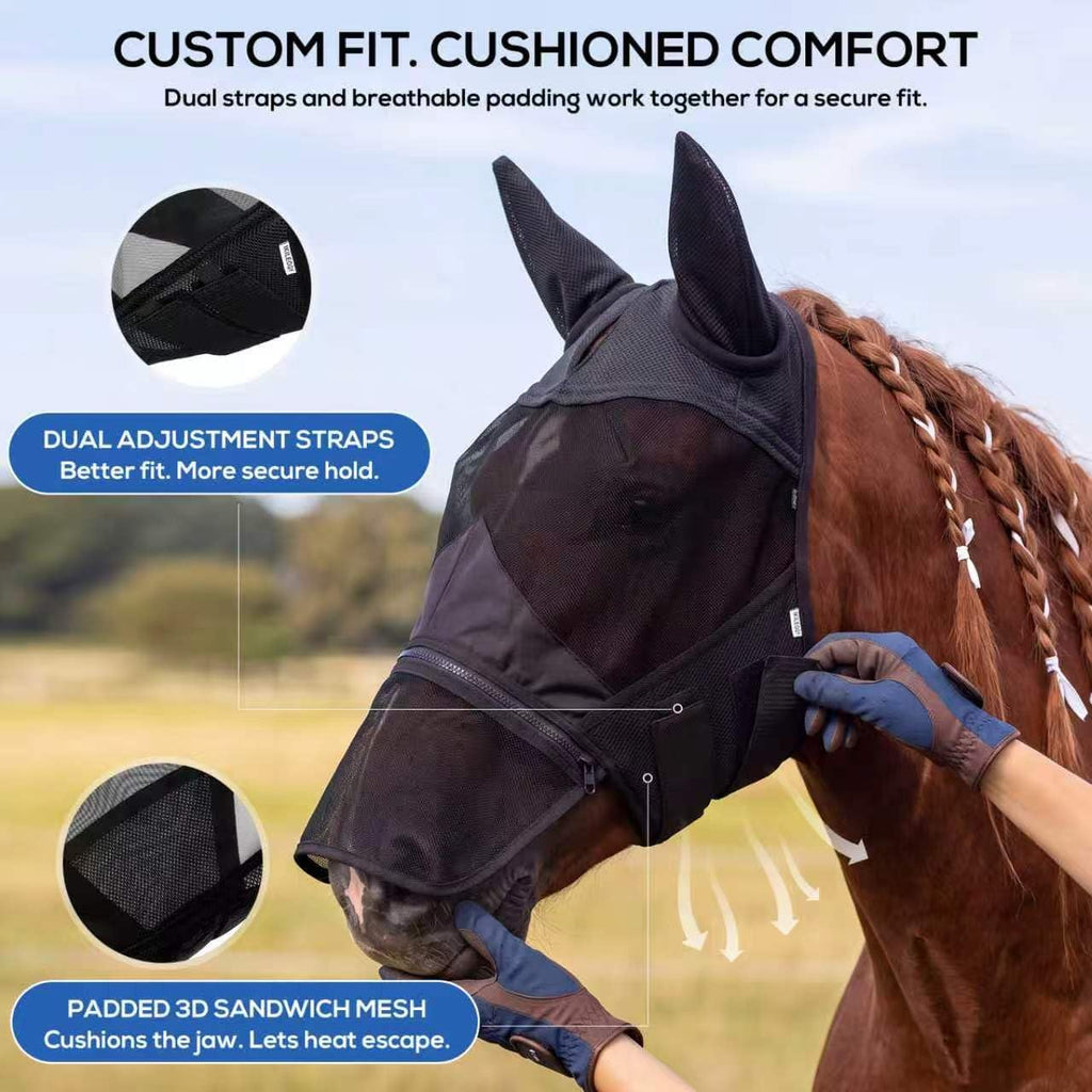 Horse Fly Mask with Ears & Detachable Nose Cover, Large