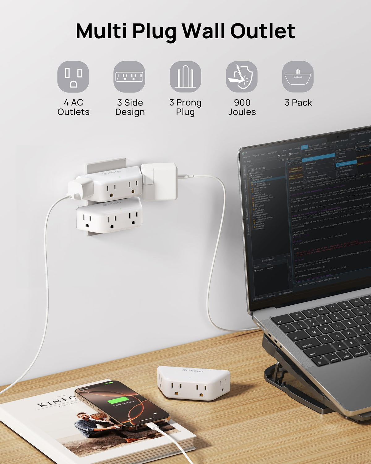 TROND Wall Outlet Extender 3 Pack, Surge Protector Outlet, White