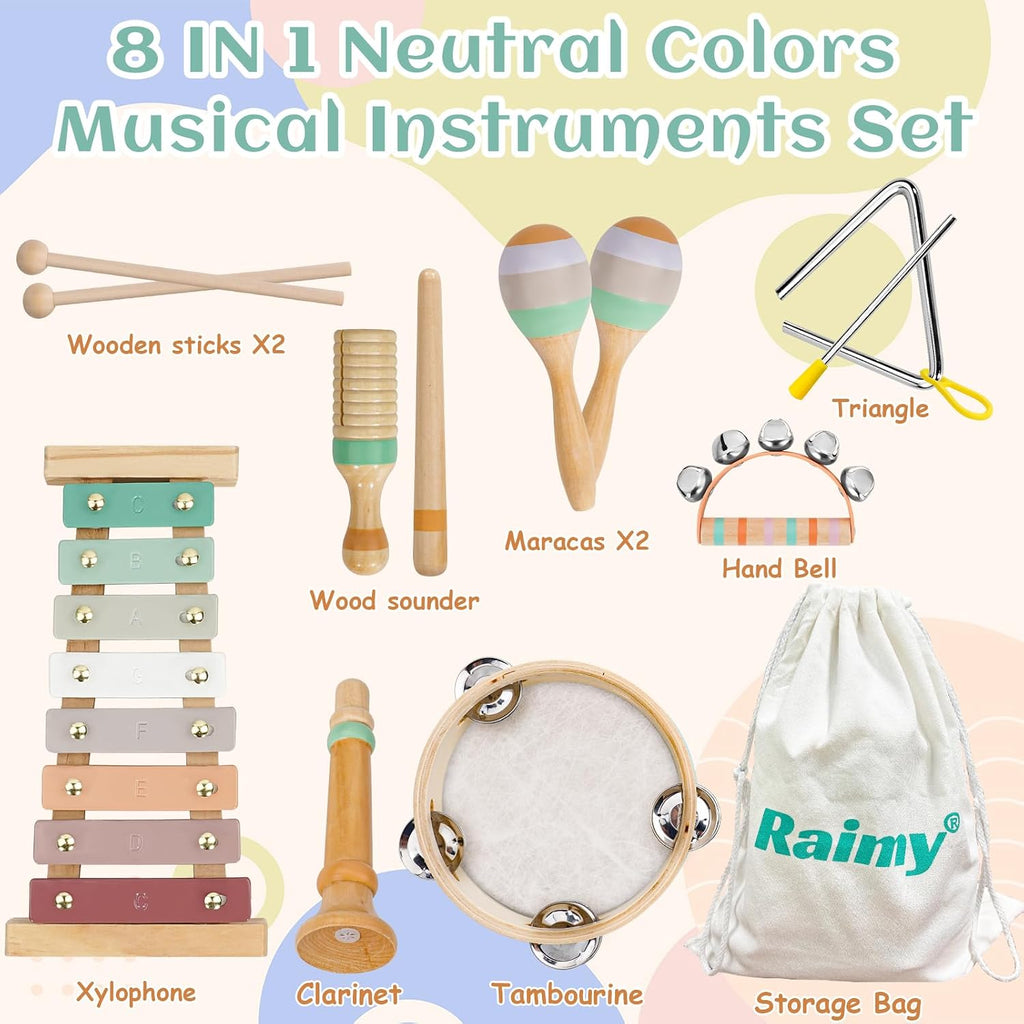 Kids Musical Instruments Set, Neutral Colors Wooden Montessori Toys | Percussion Instruments Set with Modern Boho