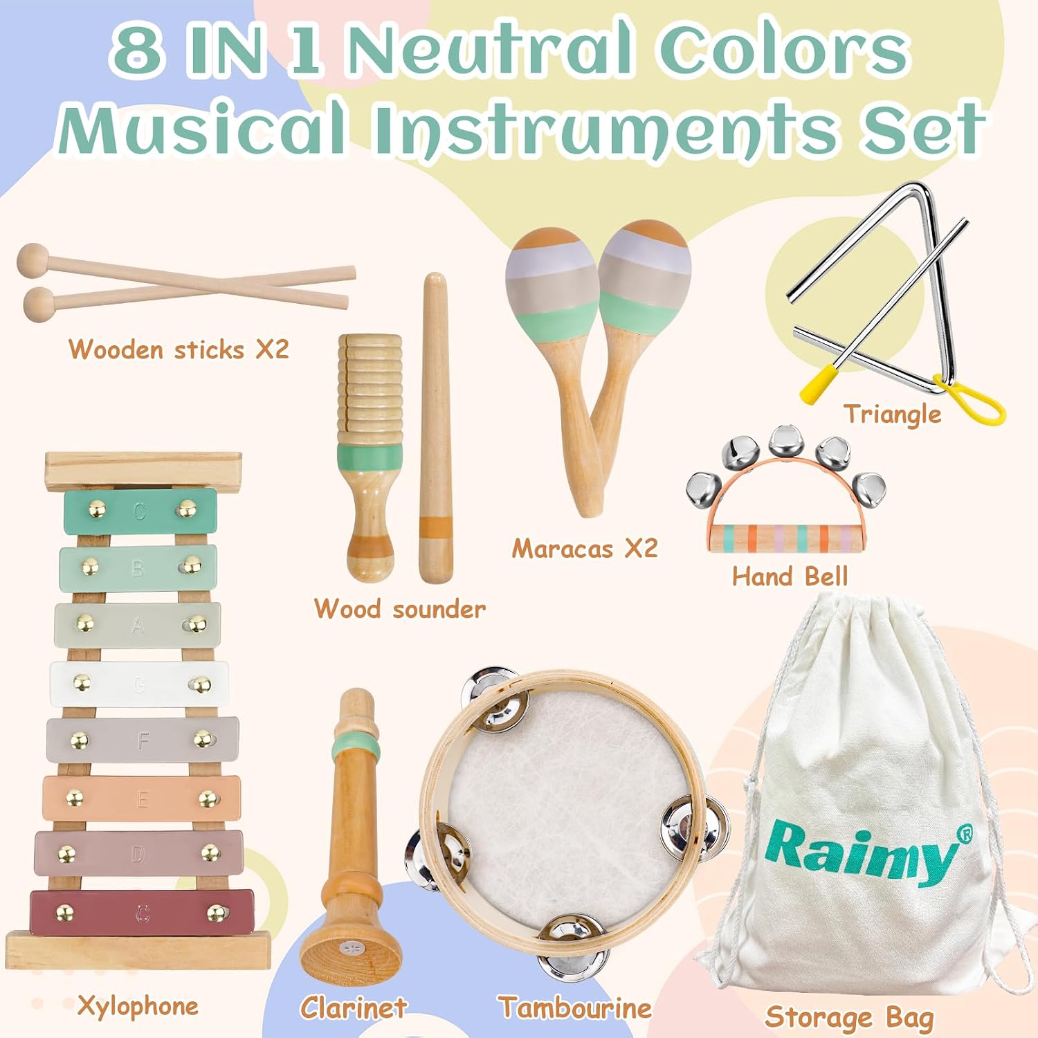Kids Musical Instruments Set, Neutral Colors Wooden Montessori Toys | Percussion Instruments Set with Modern Boho