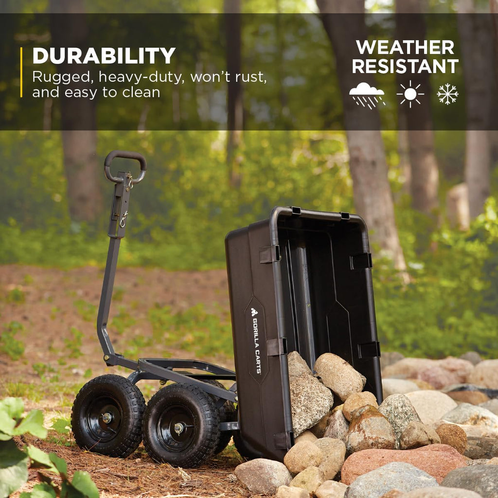 Heavy-Duty Poly Yard Dump Cart, 6 Cu Ft Tub, 1200 lb Haul Capacity, Black – Towable Utility Wagon with Quick-Release