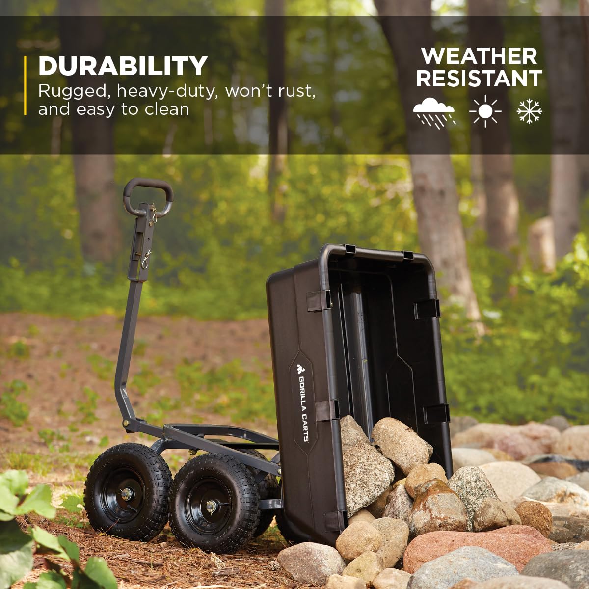 Heavy-Duty Poly Yard Dump Cart, 6 Cu Ft Tub, 1200 lb Haul Capacity, Black – Towable Utility Wagon with Quick-Release