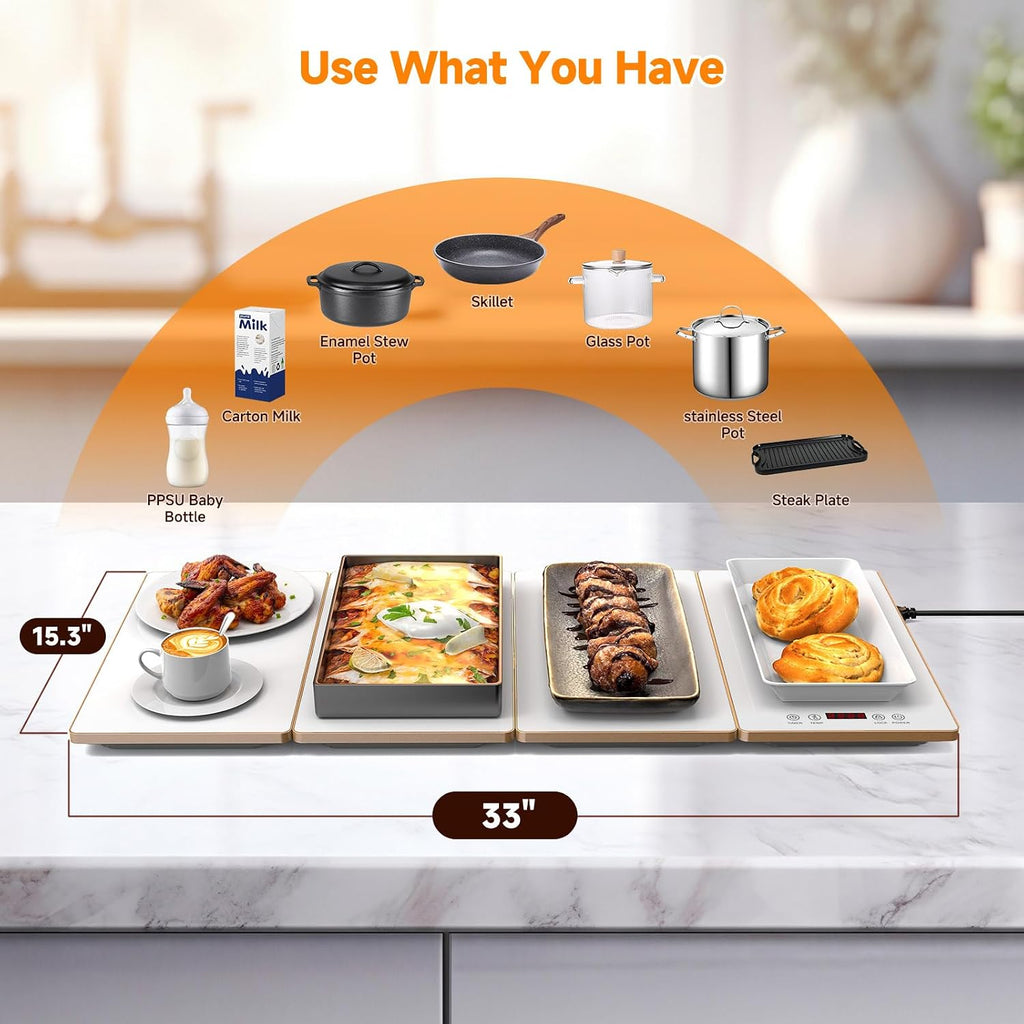 Food Warmers for Parties Buffet – 4-in-1 Electric Warming Tray for Food with 10 Temp Settings & Timer, 33"x15" Glass