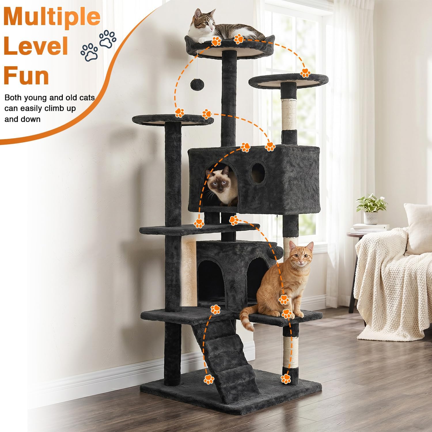 54" Cat Tree Tower | Dark Gray | Multi-Level Indoor Activity Center with Sisal Scratching Posts, Condos, Plush