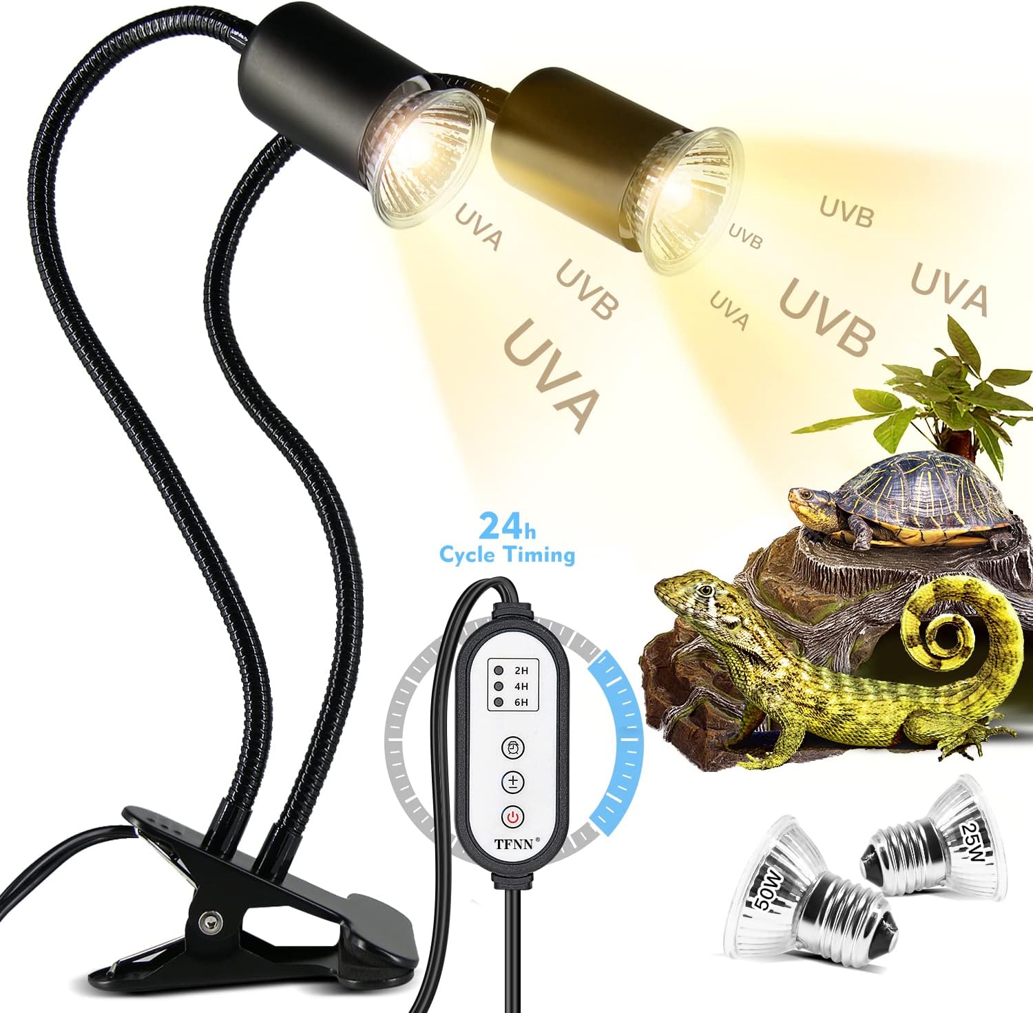 Reptile Heat Lamp, Double-Head Heat Lamp with Clamp, UVA UVB Reptile Light with Intelligent Cycle Timer for Turtle