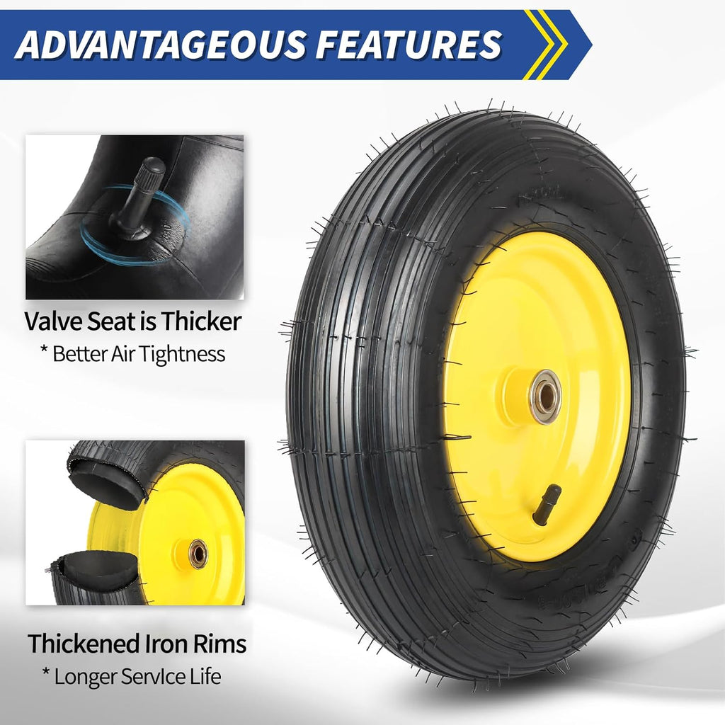 4.80/4.00-8 Wheelbarrow Tire and Wheel, 16" Rubber Pneumatic Wheel, 3"- 6" Centered Hub, 5/8" & 3/4" Bearings, for