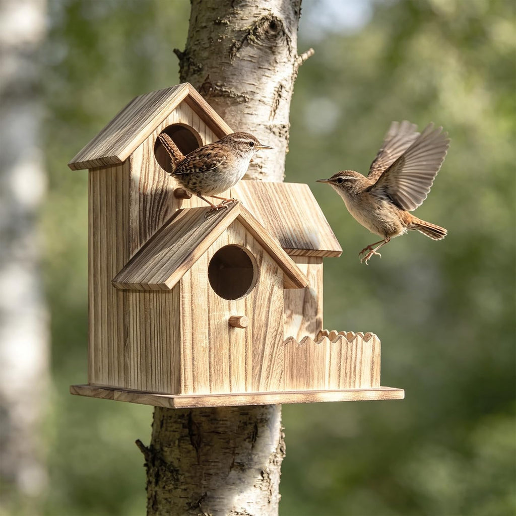 Large Wooden Bird House for Outside, 3-Hole Birdhouse, Outdoor Bird Nesting Box for Bluebird Chickadee Finch Wren