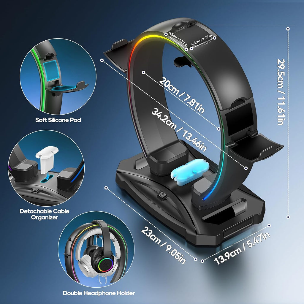 RGB Headphone & Controller Stand with 9 Light Modes - Foldable Controller Hanger for Desk - Earphone Stand with Cable