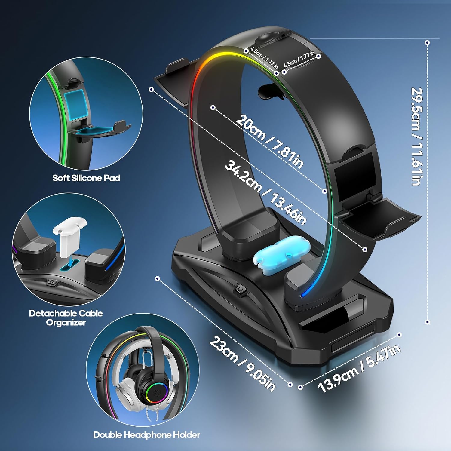 RGB Headphone & Controller Stand with 9 Light Modes - Foldable Controller Hanger for Desk - Earphone Stand with Cable