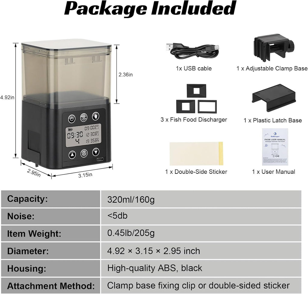 USB Automatic Fish Feeder for Aquarium, 320ML for 3~6 Months