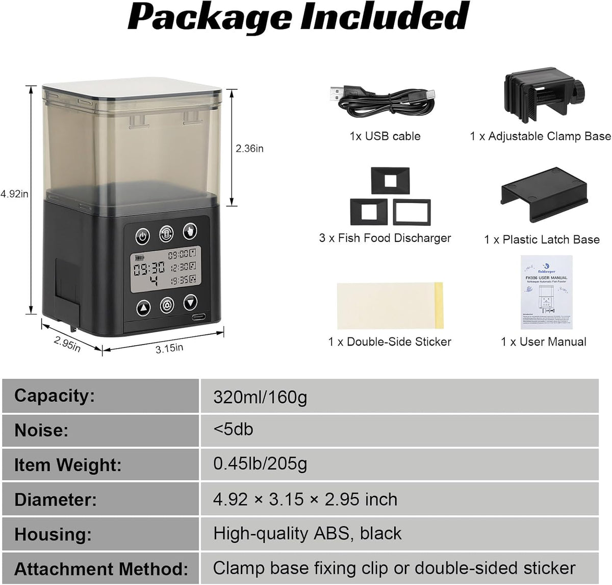 USB Automatic Fish Feeder for Aquarium, 320ML for 3~6 Months