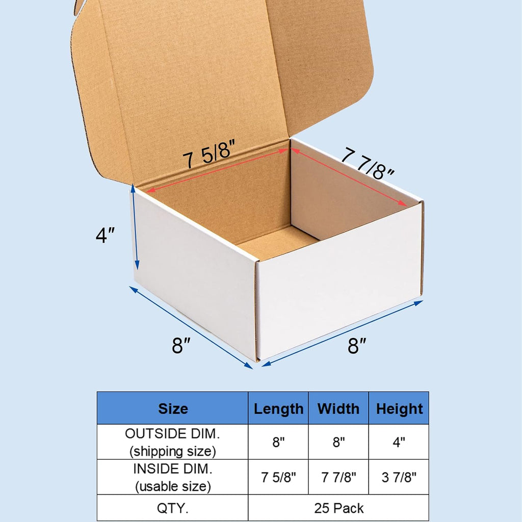 8x8x4" Shipping Boxes 25 Pack White Corrugated Cardboard Mailing Boxes for Small Business - Literature Mailer