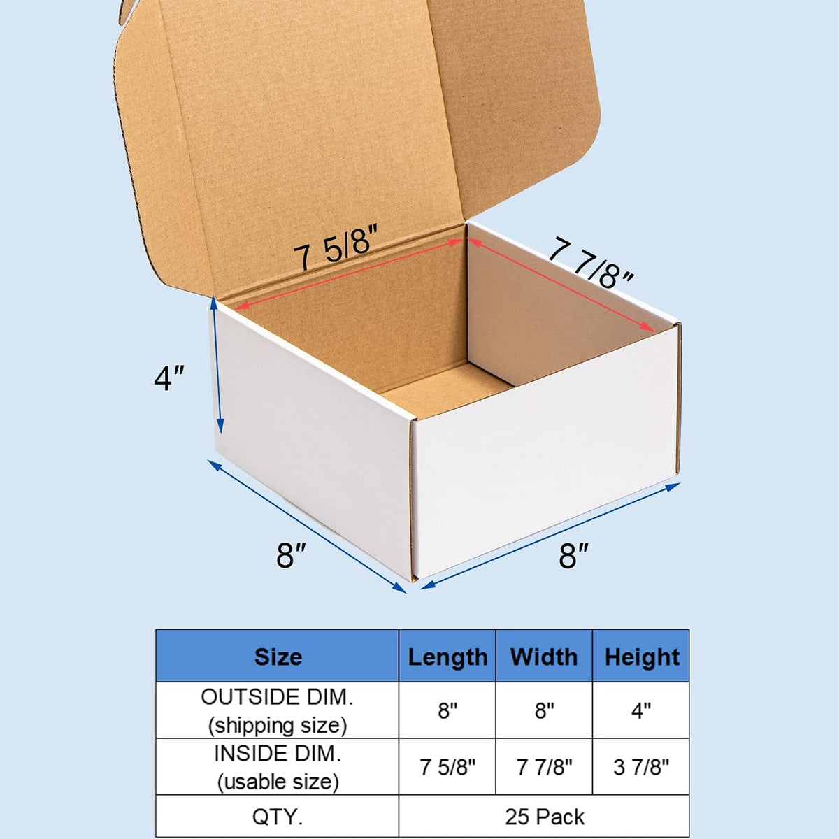 8x8x4" Shipping Boxes 25 Pack White Corrugated Cardboard Mailing Boxes for Small Business - Literature Mailer