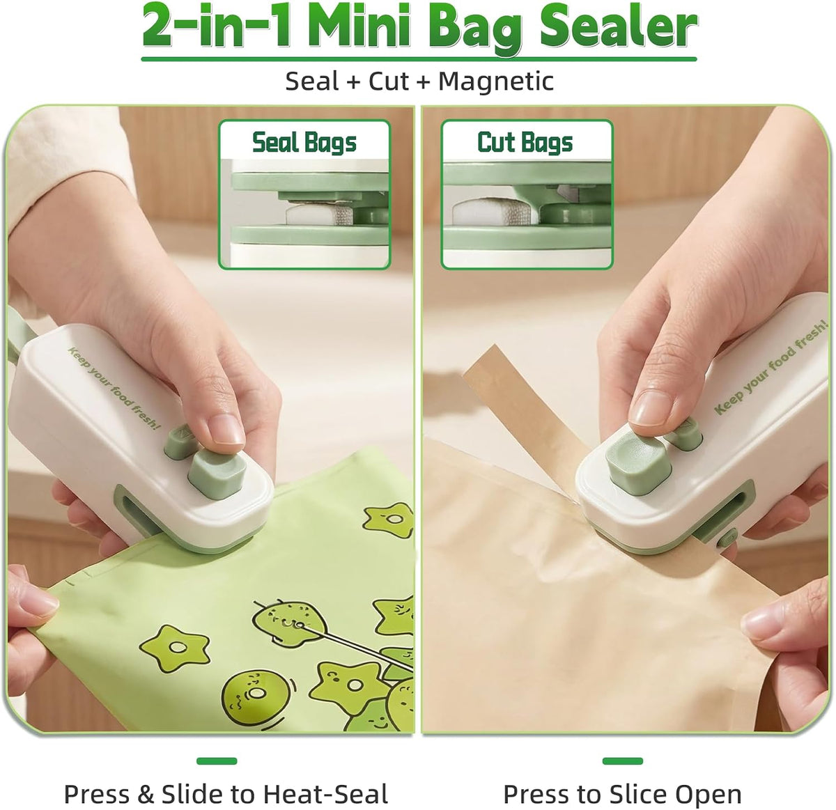 2in1 Mini Bag Sealer, Rechargeable Heat Sealer with Cutter Magnet