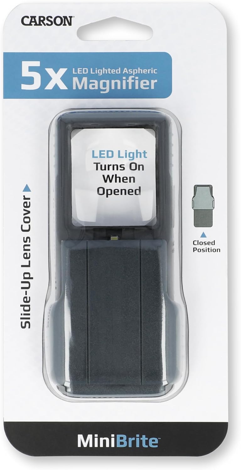 MiniBrite LED Lighted Slide-Out Aspheric Magnifier with Protective Sleeve (PO-55), 5X, Gray