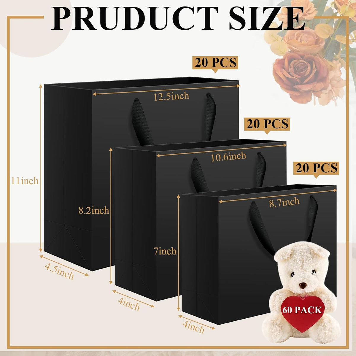 60 Pcs Black Paper Bags with Handles, Assorted Sizes Gift Bags