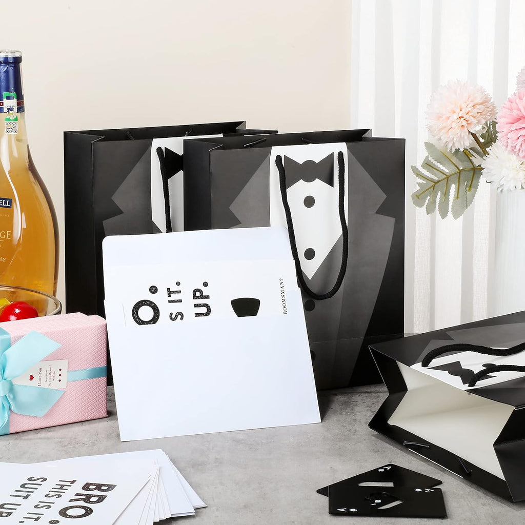40 Pcs Groomsmen Gift Set, 10 Groomsmen Gift Bags with Tuxedo Design, 10 Stainless Steel Poker Bottle Opener, 10