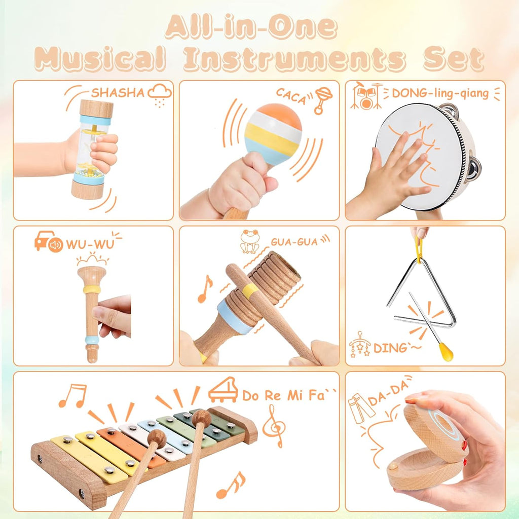 Baby Musical Instruments for Toddlers 1-3, 12PCS Montessori Musical Toy Set with Xylophone, Drum, Maracas...Perfect