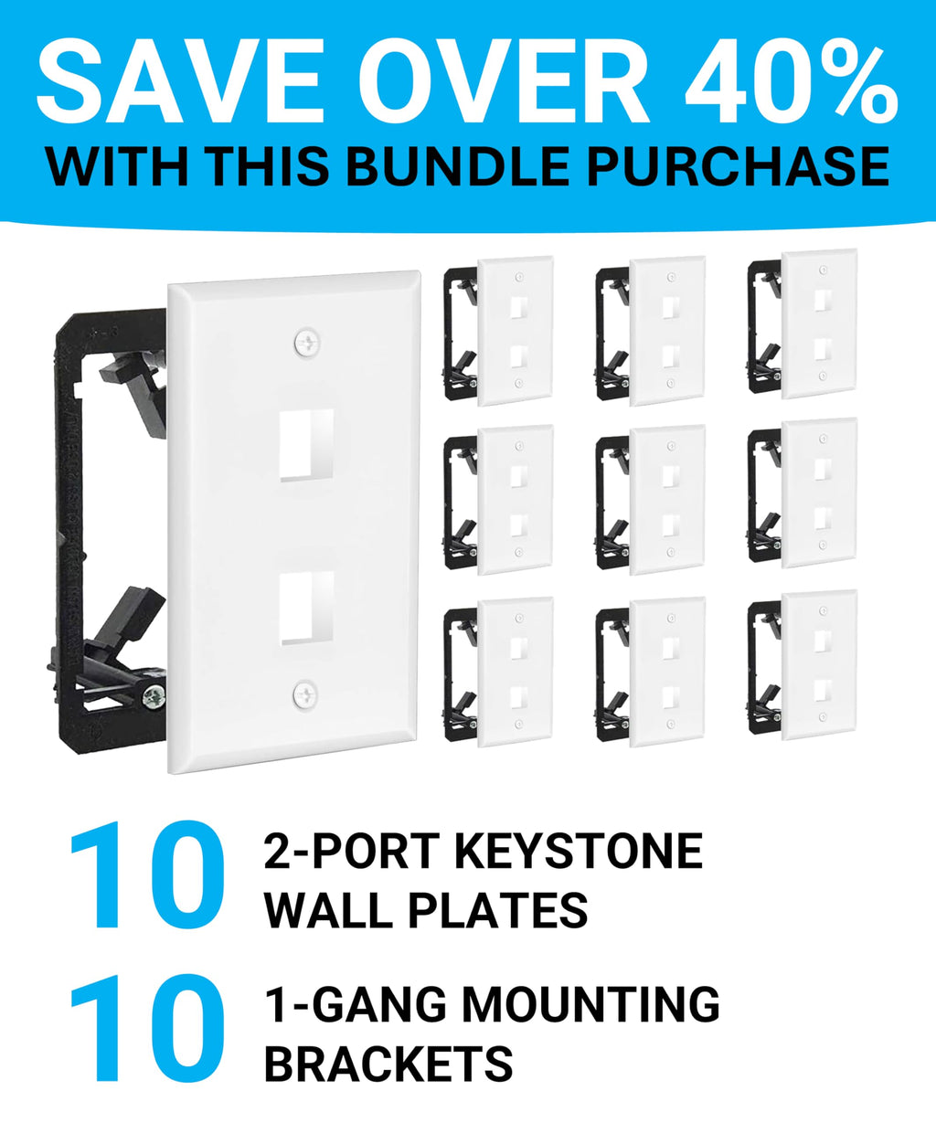 DIYTECH 2 Port Keystone Wall Plate, 10 Pack with Mounting Brackets - White