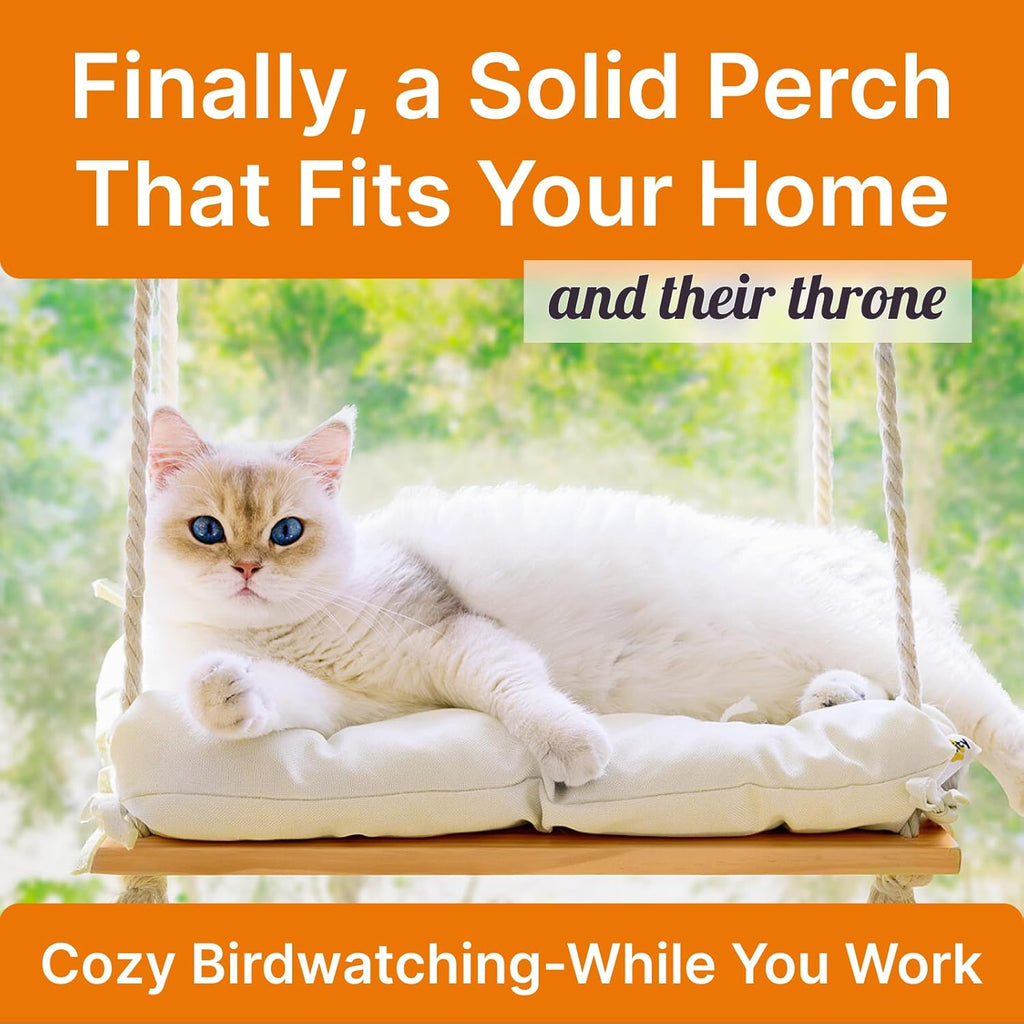 Cat Window Perch with Industrial-Grade Suction Cups - Solid Pine Wood Hammock Bed, Soft Cushion - 42 lb Capacity for